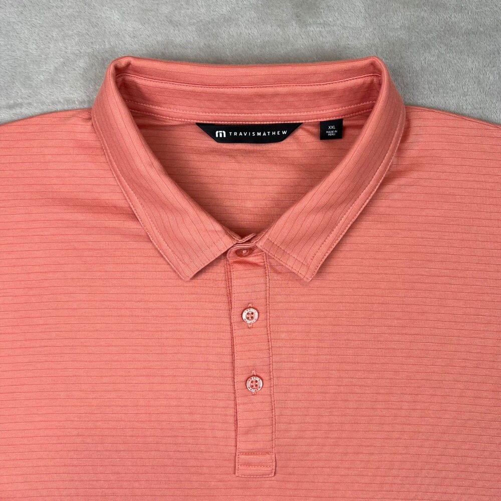 TravisMathew Mens XXL Golf Polo Shirt Coral Pink Stripe Reflection Bay Top